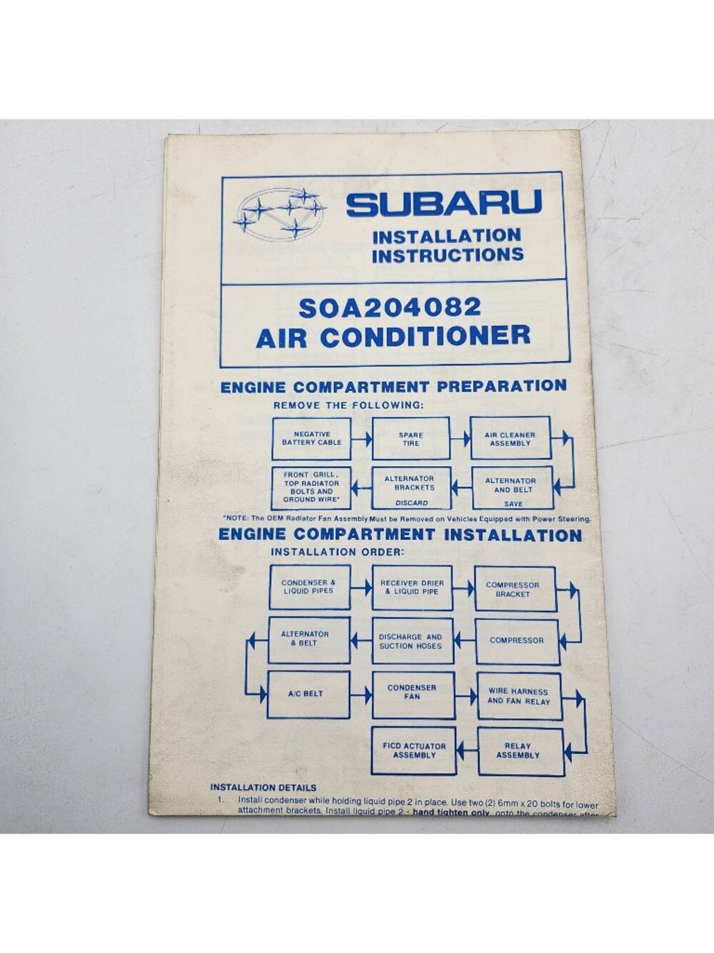 Subaru Air Conditioner Installation Instructions Manual SOA204082